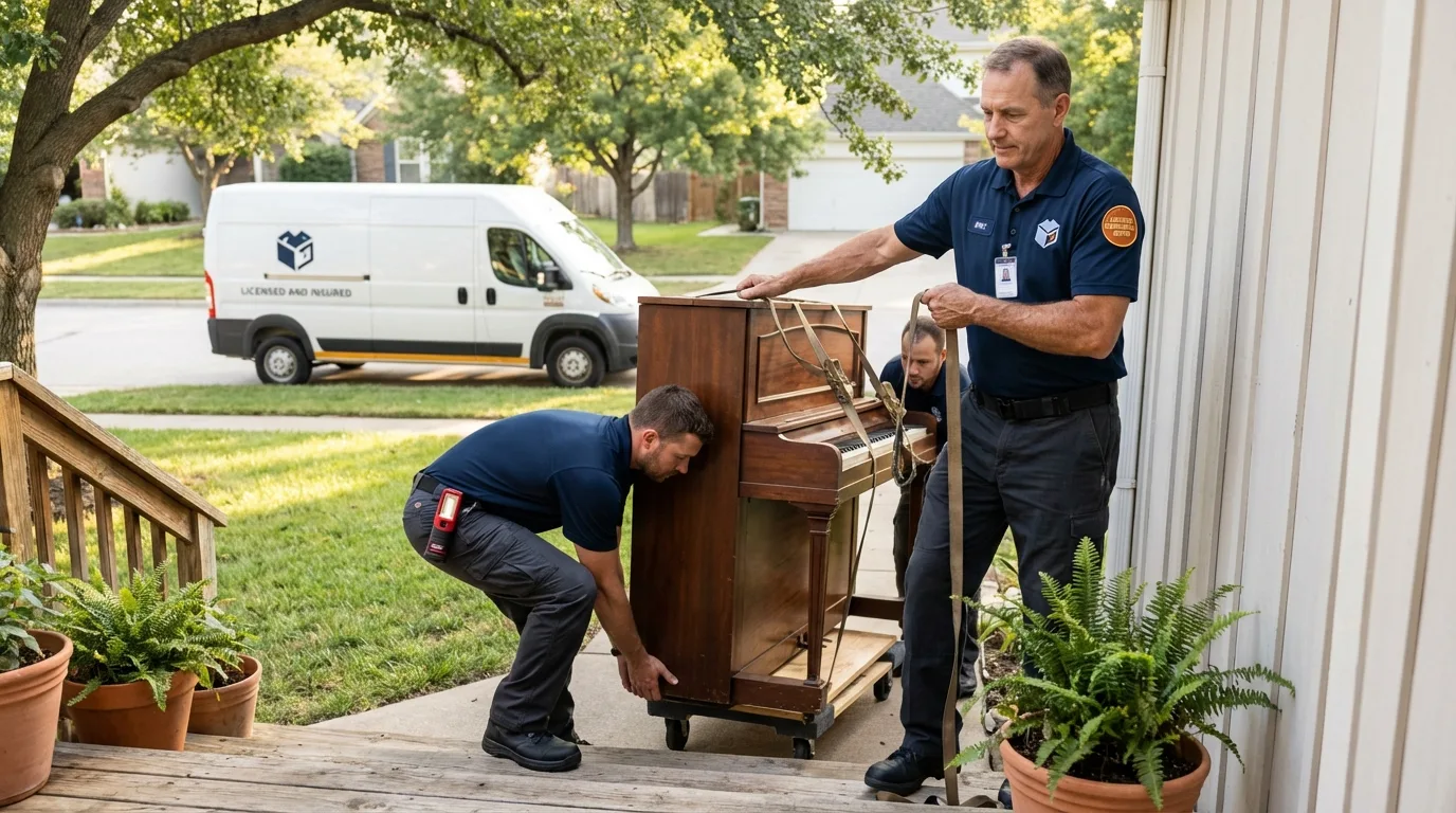 Licensed piano movers securing grand piano in Caldwell, KS