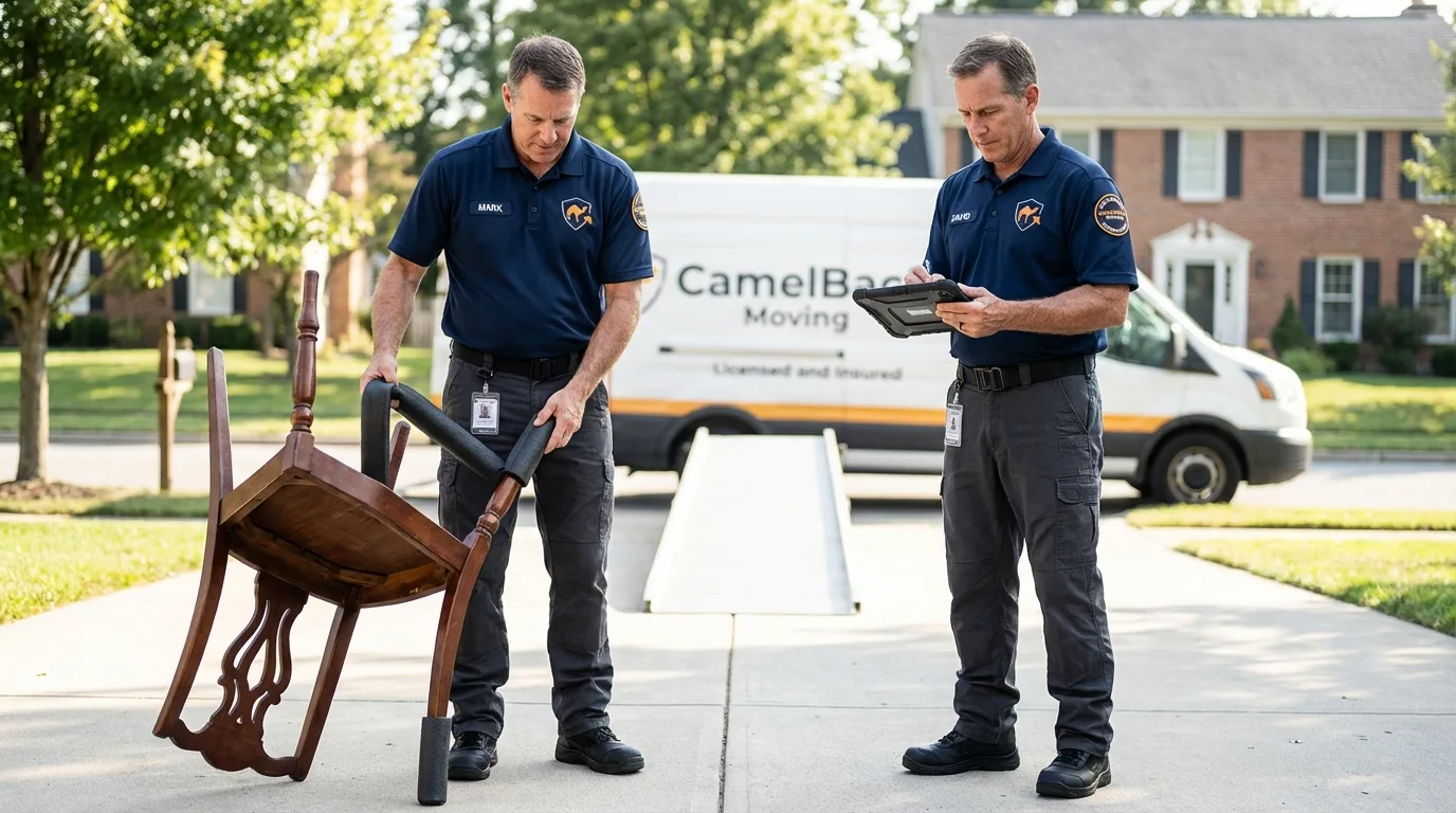 Movers inspecting furniture for damage prevention before loading in Caldwell, KS