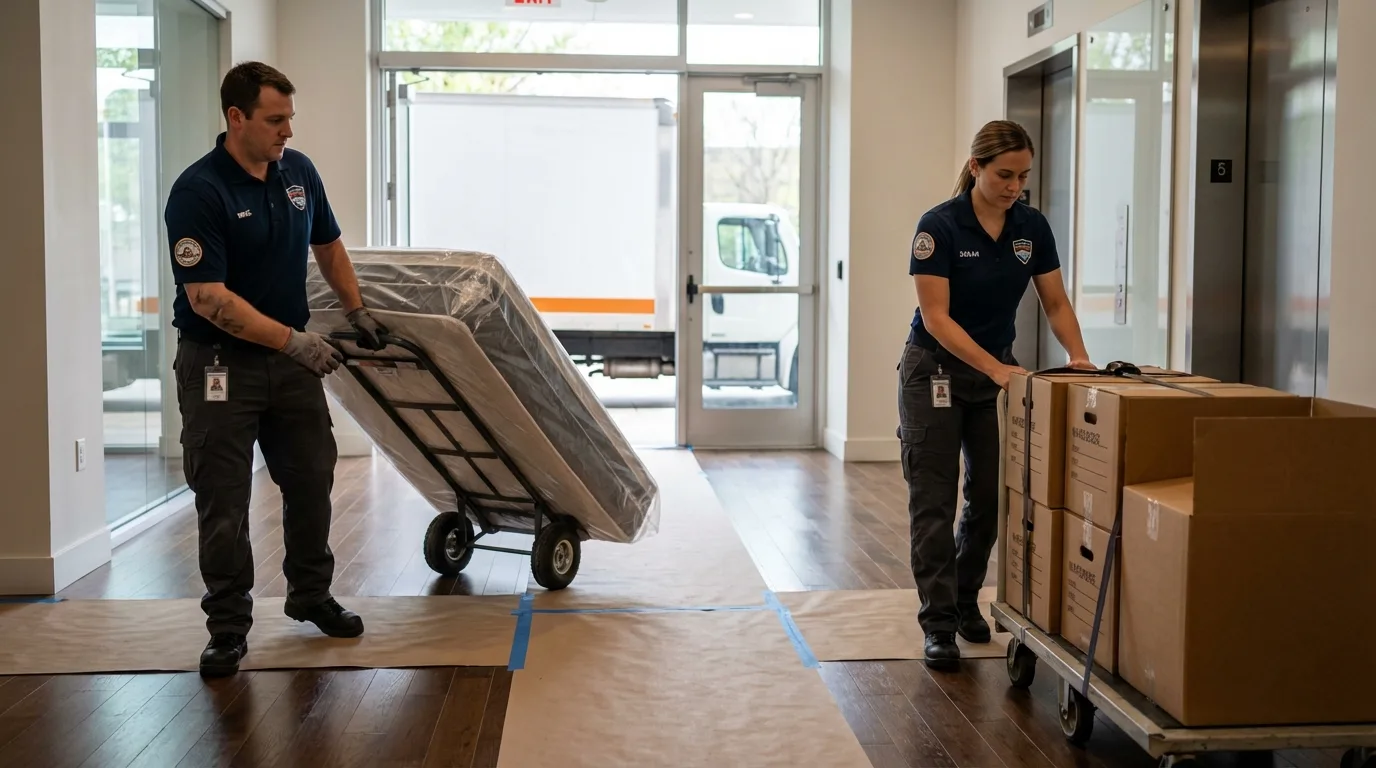 Professional apartment movers loading elevator in Caldwell, KS